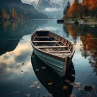 Boat on tranquil water with colorful crystals, blossoms, and surreal sky