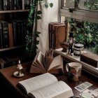 Sunlit reading nook with bookshelves, plants, and open book on daybed