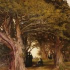 Marble Column-Lined Pathway Through Green Trees and Red Vines