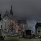 Gothic church and tombstones under cloudy dusk sky