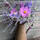 Surreal portrait of woman with purple and blue flowers and butterflies in hair