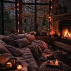 Cozy window seat with cushions and lanterns overlooking twilight forest