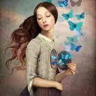 Vibrant illustration of woman with blue butterflies & intricate patterns