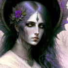 Ethereal woman with violet eyes and dark makeup adorned with purple flowers poses with enigmatic gaze