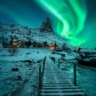 Snowy landscape with mystical castle and green aurora