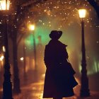 Silhouette of person in dress and hat on lantern-lit autumn path at dusk