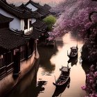 Tranquil cherry blossom river scene with boats, old bridge, and castle at twilight