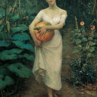 Woman in floral dress surrounded by greenery holding orange flower bouquet