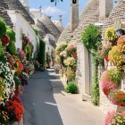 Charming cobblestone street with white cottages and blooming flowers