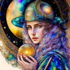 Mystical woman illustration with celestial motifs and cosmic sphere