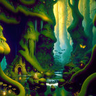 Mystical neon-lit forest with cascading waterfalls and luminous flora