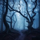 Misty eerie graveyard with gnarled trees under twilight sky