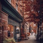 Gothic-style building on cobblestone street with glowing lights and autumn trees