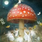 Whimsical forest illustration with fantastical mushrooms and starry night sky