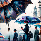 Colorful umbrellas on rainy cobblestone street with vintage lamps.