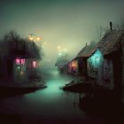 Village twilight scene with thatched cottages, glowing windows, reflective river