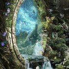 Enchanting forest pathway with ancient ruins, flowering vines, and mystical tree