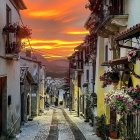 Charming stone village at sunset with cobblestone pathways