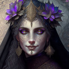 Fantasy digital art: regal crown, purple roses, golden patterns, dark hair, blue eyes