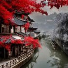 Traditional houses by misty river with glowing windows and vibrant red leaves