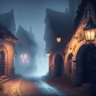 Enchanted Gothic mansion entrance in mystical fog at dusk