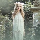 Ethereal woman with white hair in golden headdress in enchanted forest