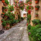 Traditional European street with cobblestones, flowers, and tower view