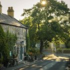 Charming cobblestone street with lush greenery and stone cottages