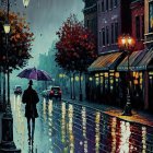 Person with umbrella walks on wet street by illuminated buildings and autumn trees.