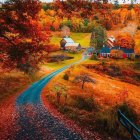 Scenic autumn landscape with winding path, colorful foliage, wooden fence, and sunlight.