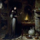 Medieval sorceress in gray dress next to cauldron with green flames in candle-lit