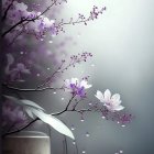 Tranquil pink cherry blossoms and butterflies in misty setting