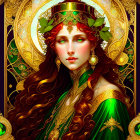 Illustration of woman with red hair in green and gold dress against ornate backdrop