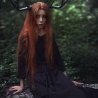 Mystical woman with dark hair and vines under moonlit sky