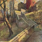 Stone staircase and autumn trees with swirling leaves in warm light.