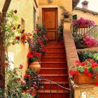 Golden door atop stone staircase surrounded by purple flowers and greenery on whimsical facade