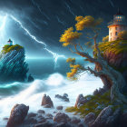 Stormy seascape with lightning, cliff-side lighthouse, beacon, turbulent waves, windswept