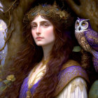 Woman in floral crown and medieval attire with owl in wooded area