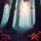 Mystical forest with towering trees and red foliage in soft light