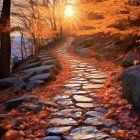 Tranquil autumn cobblestone pathway with orange trees at sunset