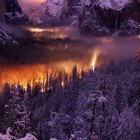 Foggy river at sunrise with golden light on frost-covered trees