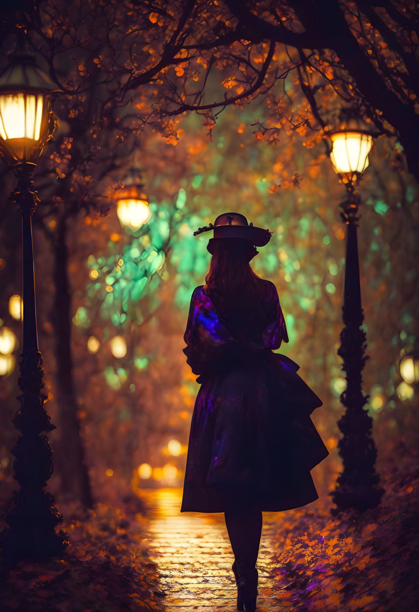 Silhouette of person in dress and hat on lantern-lit autumn path at dusk