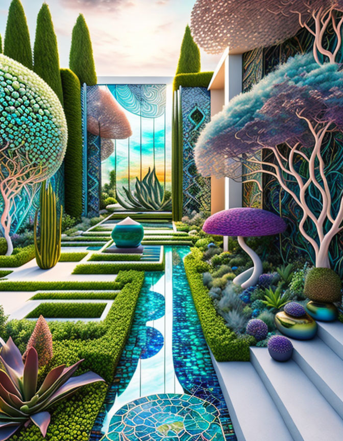 Surreal garden with mosaic pathways and fantastical trees