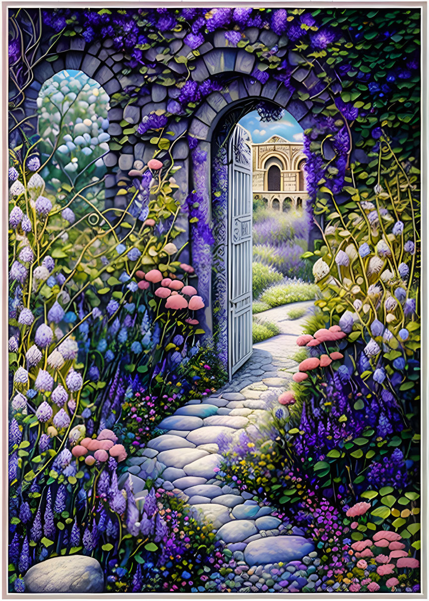 Ornate door opening to vibrant garden path with purple flowers and elegant building