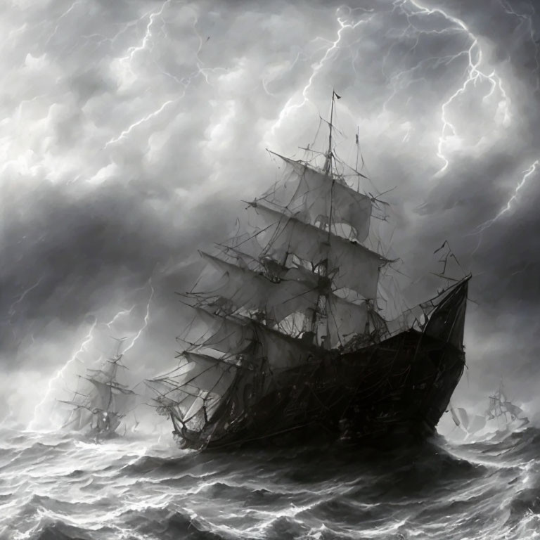 Tall ships in turbulent sea under stormy sky with lightning