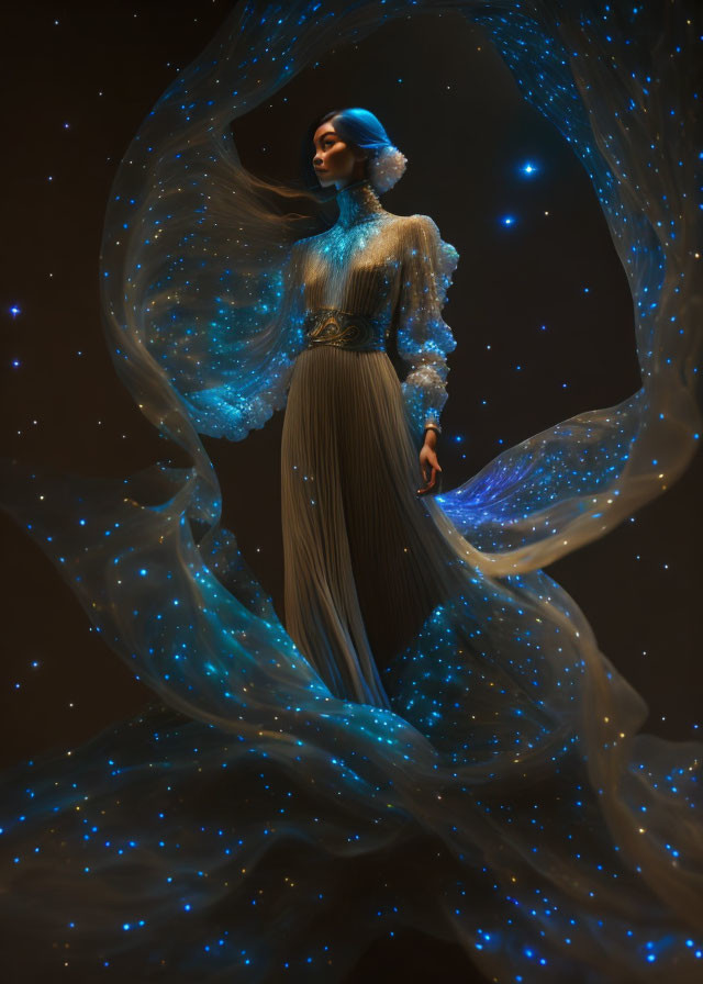 Woman in elegant dress surrounded by glowing fibers and swirling light on starry background