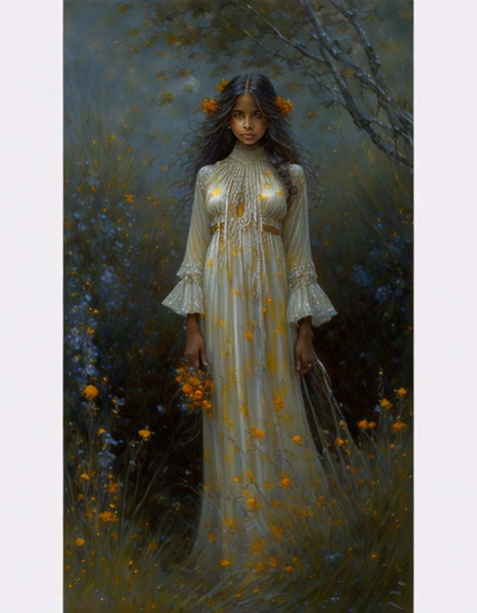 Mystical field scene with woman in flower-adorned dress