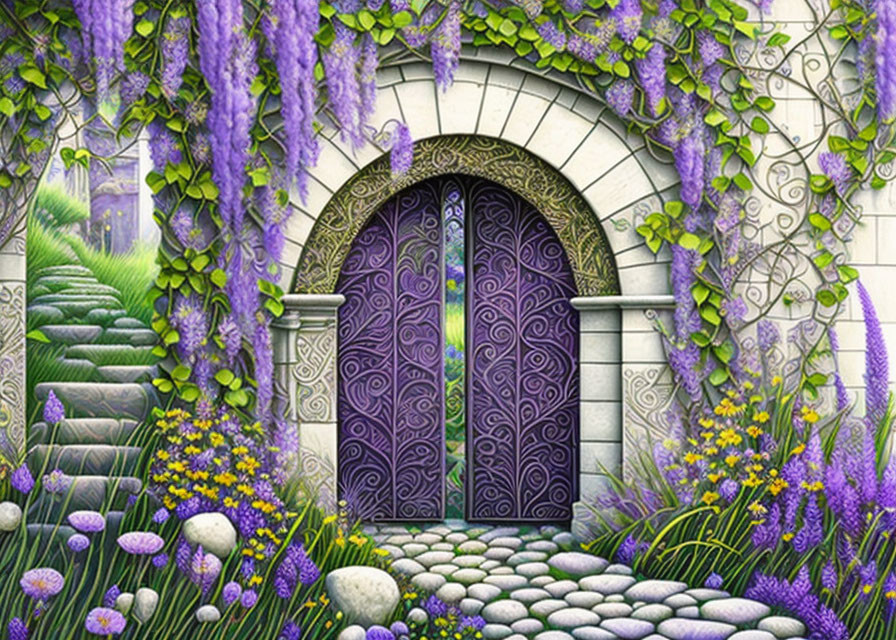 Whimsical garden gate with purple wisteria and vibrant flowers