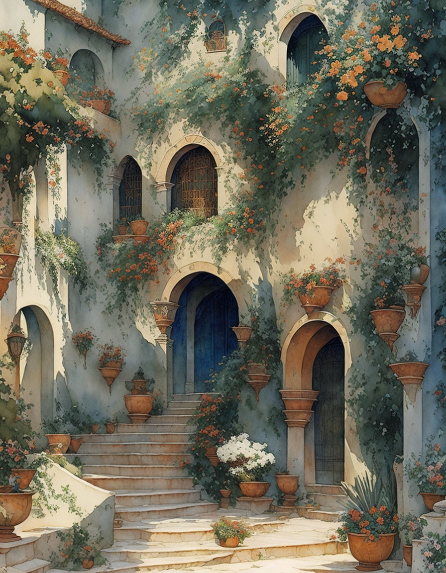 Mediterranean-style Building with Green Vines and Orange Flowers