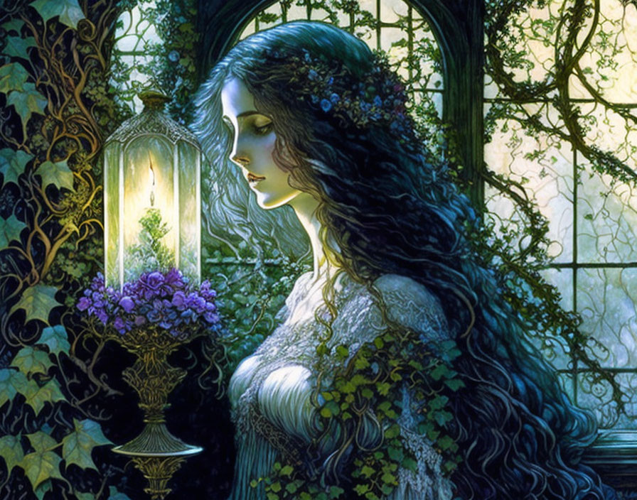 Ethereal woman in leafy gown with glowing lantern amidst greenery